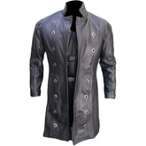 Trench-coat croisé en cuir véritable noir pour homme